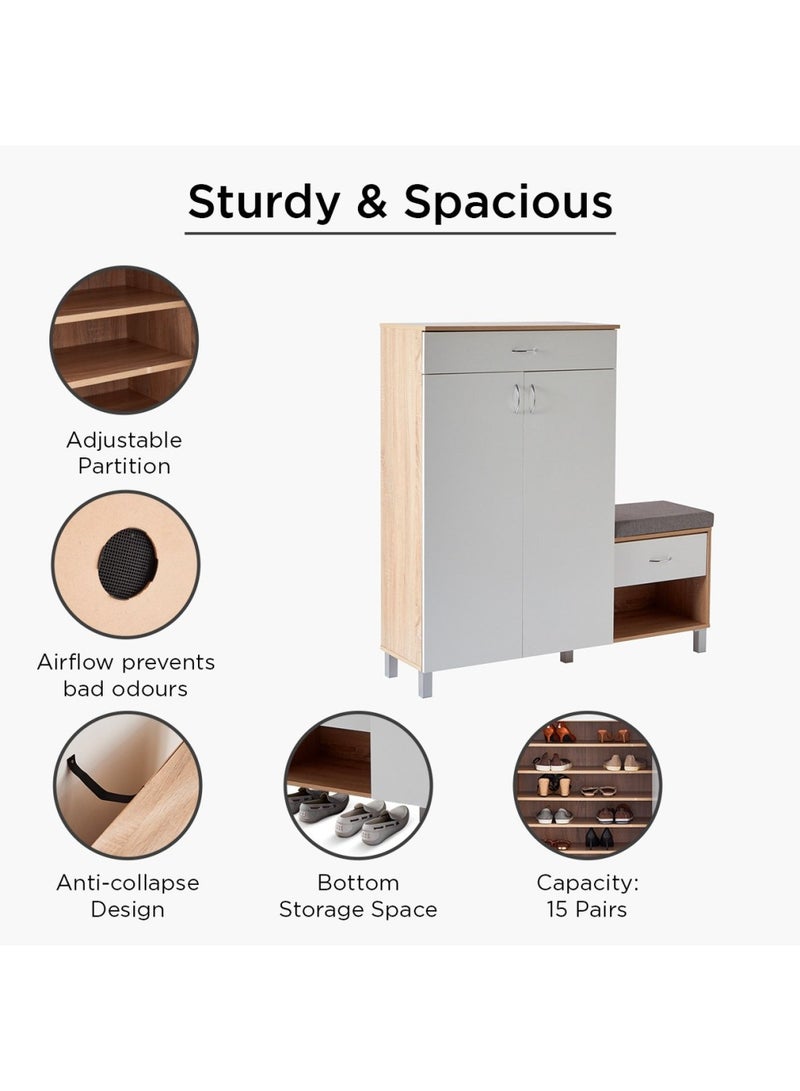 Home Box Capri 15-Pair Shoe Cabinet with Bench and Cushion 37x130x128 cm | 2 Drawers | 2 Doors| 6 Shelves | White | Engineered Wood With Foil Veneer - Image 2